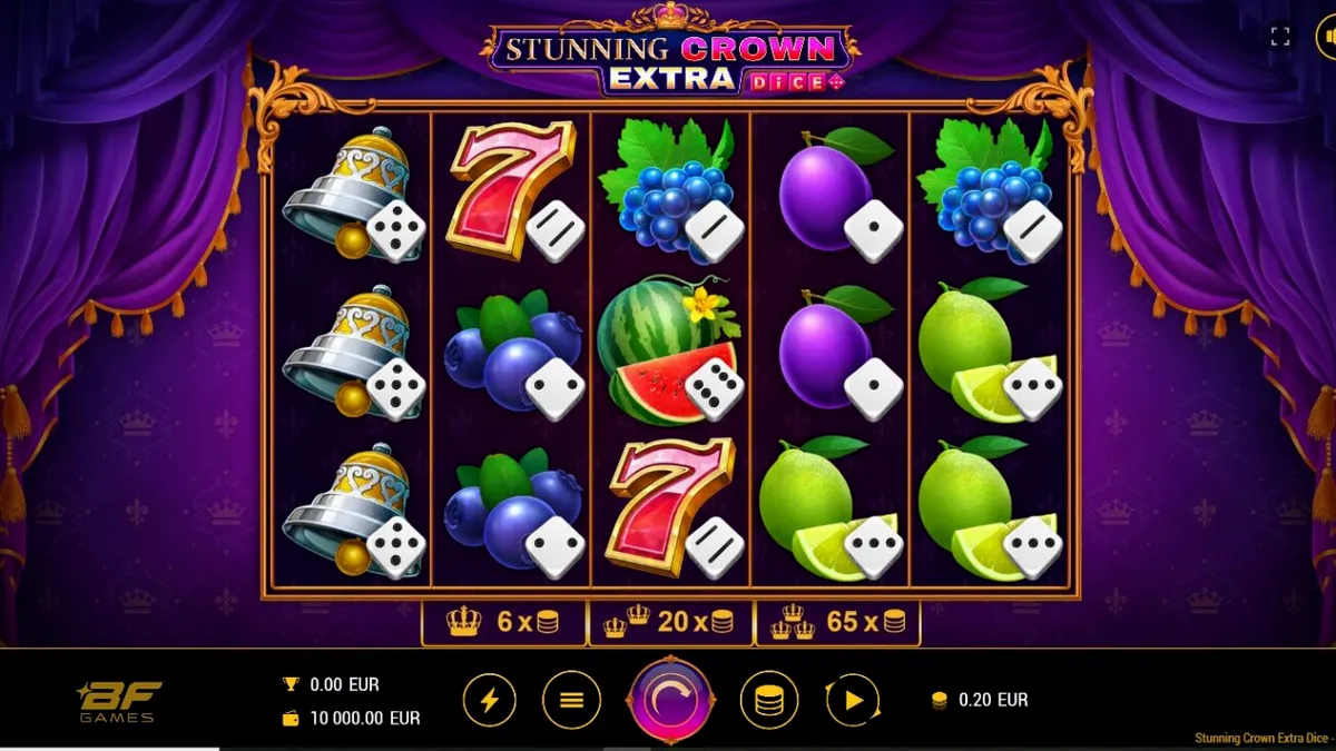 Interface do jogo de slot Stunning Crown Extra Dice com símbolos de coroas e dados.